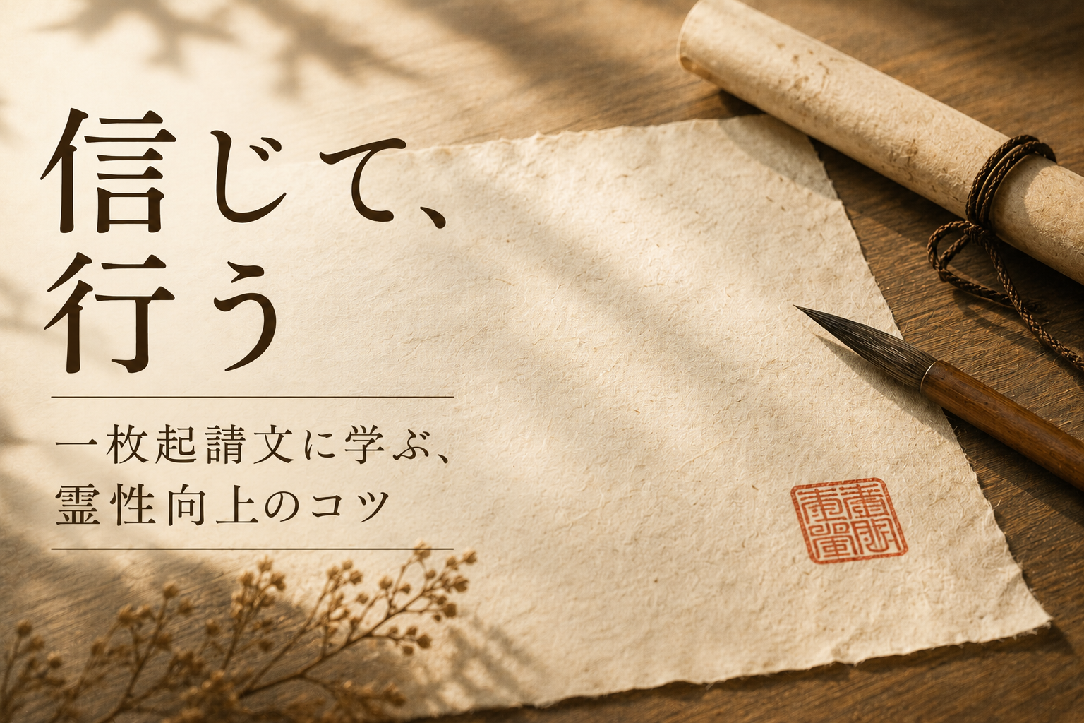 和紙と筆を背景に、一枚起請文に学ぶ霊性向上のコツをイメージした画像