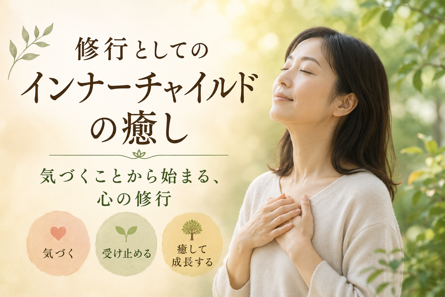 修行としてのインナーチャイルドの癒しをイメージした、自然の中で穏やかな表情を浮かべる女性の画像